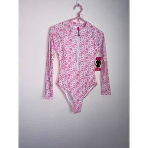 Betsey Johnson Pink Floral Long Sleeve Zip Front Rash Guard Swimsuit small new